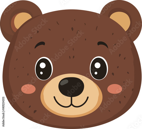 Cartoon Bear Face Illustration – Cute Brown Animal Character with Expressive Eyes, Blushed Cheeks & Friendly Smile for Playful Design Themes