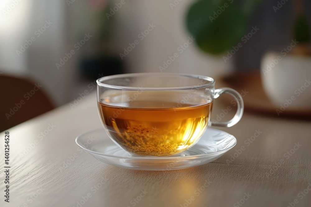 A clear glass teacup filled with freshly brewed chamomile tea, gently placed on a white saucer, giving a feeling of calm and relaxation. A clear glass teacup filled with freshly brewed chamomile tea, gently placed on a white saucer, giving a feeling of calm and relaxation.