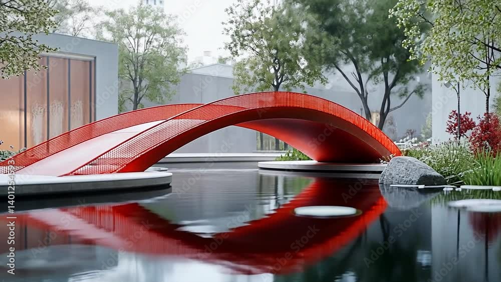 Modern Zen Garden with Red Bridge and Water Reflection: Serene Architecture and Nature
