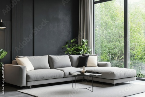 Gray sofa in modern living room on white background on transparent background