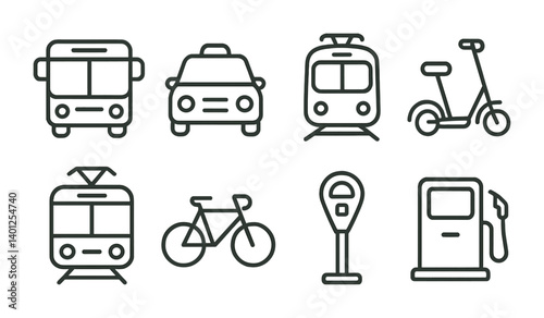 Vector icons of urban transportation: bus, car, train, scooter, tram, bicycle, parking, gas pump.