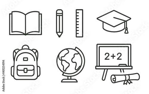 Education icons: book, pencil, ruler, graduation cap, backpack, globe, chalkboard.