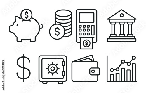 Financial icons set: piggy bank, coins, calculator, bank, dollar sign, safe, wallet, graph.