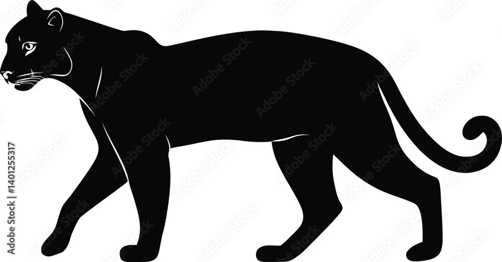 Black Panther Silhouette Vector – Striking Feline Illustration with Powerful Stance, Curved Tail & Sleek Form