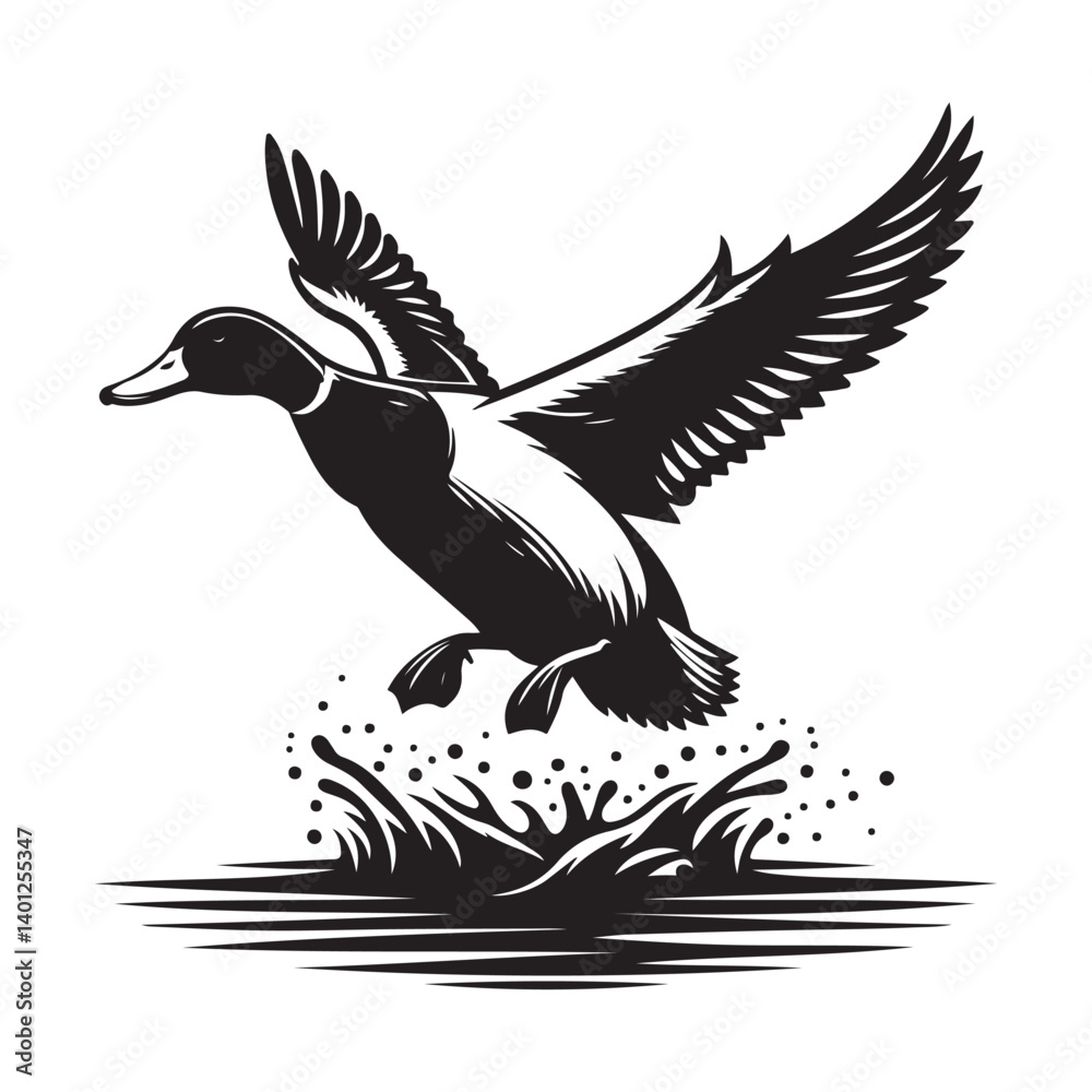 Obraz premium Graceful landing vector duck silhouette art aquatic wildlife design