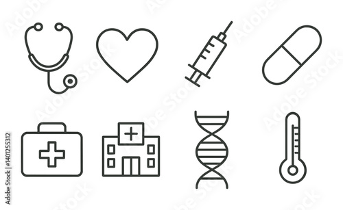 Medical icons set featuring stethoscope, heart, syringe, pill, first aid kit, hospital, dna, thermometer.