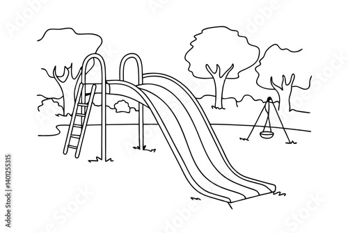 Outline Illustration Of Childrens Playground Slide Swing And Trees In A Park