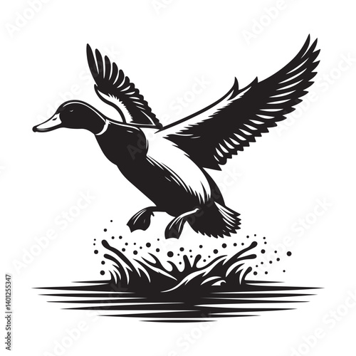 Graceful landing vector duck silhouette art aquatic wildlife design