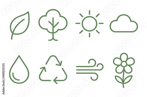 Eco-friendly symbols: leaf, tree, sun, cloud, water, recycling, wind, flower icons.