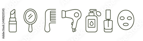 Cosmetic beauty icons: lipstick, mirror, comb, hairdryer, lotion, nail polish, face mask.