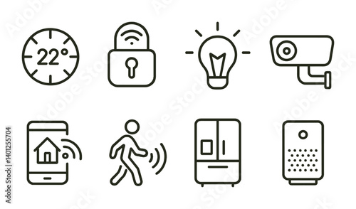 Smart home automation icons: thermostat, lock, light, camera, smartphone, motion, fridge, air purifier.