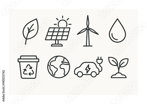 Eco symbols: renewable energy, recycling, and sustainability icons.