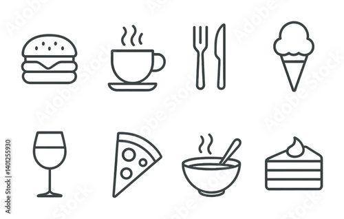 Simple food and drink line icons: burger, coffee, cutlery, ice cream, wine, pizza, soup, cake.