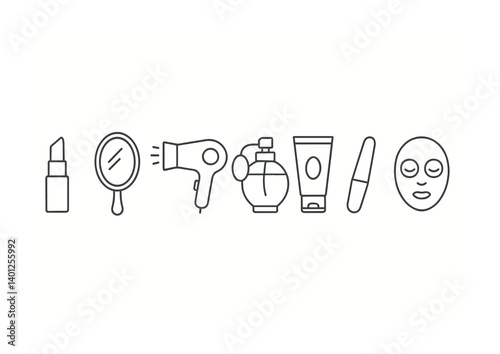 Beauty essentials: lipstick, mirror, hairdryer, perfume, cream, mascara, face mask icons.