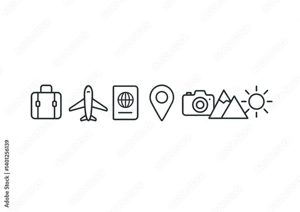Travel icons: suitcase, airplane, passport, map pin, camera, mountains, sun. Travel icons: suitcase, airplane, passport, map pin, camera, mountains, sun.