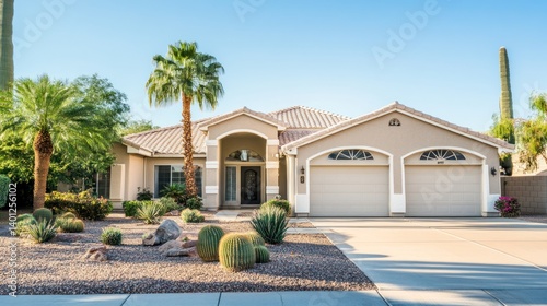 A beautiful home in Phoenix, Arizona, showcasing clean lines and vibrant desert landscaping.