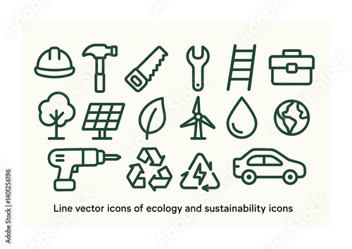 Ecology and sustainability icons: renewable energy and eco-friendly tools.
