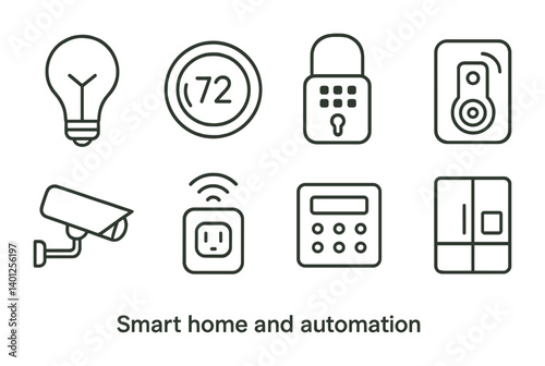 Smart home automation elements: security, lighting, thermostat, surveillance, access control.