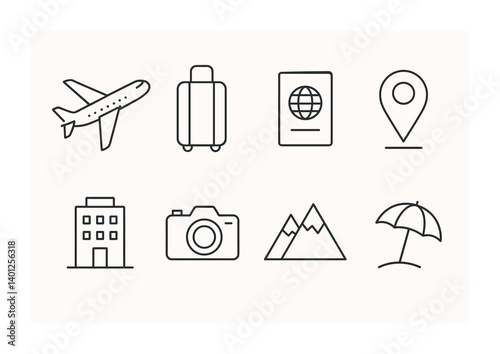 Travel icons set: airplane, luggage, passport, location, hotel, camera, mountains, umbrella.