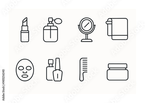 Outline icons of makeup and beauty products including lipstick and mirror.