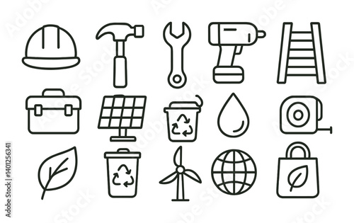 Construction and renewable energy icons: tools, recycling, solar, wind, eco-friendly.