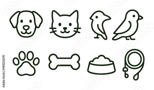 Simple pet icons: dog, cat, bird, paw, bone, bowl, leash.