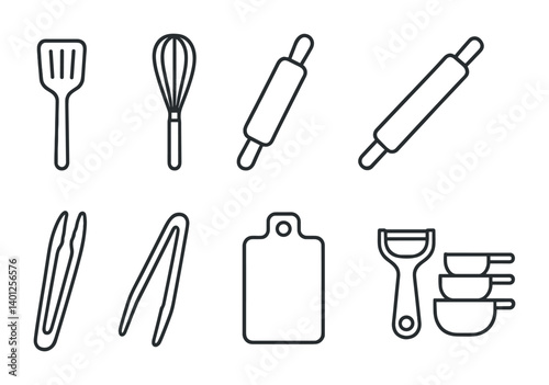 Essential kitchen utensils icons set - spatula, whisk, rolling pin, tongs, cutting board, peeler, measuring cups.