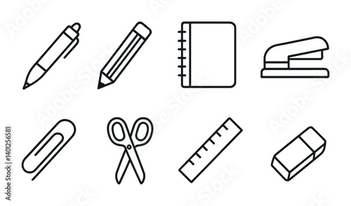 Collection of stationery items: pen, pencil, notebook, stapler, paperclip, scissors, ruler, eraser.