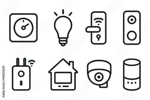 Smart home device icons set featuring light bulb, security camera, and smart speaker.
