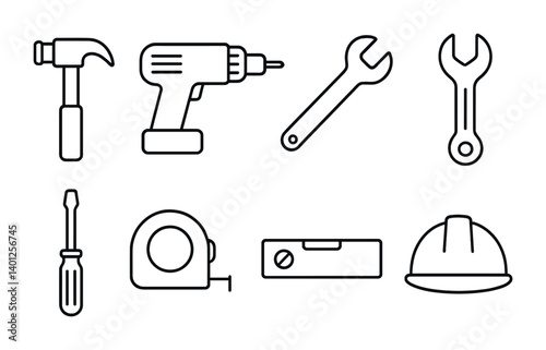 Black and white outline icons of various tools including hammer, drill, wrench, and hard hat.