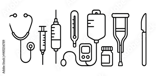 Medical tools: stethoscope, syringes, thermometer, iv bag, crutch, scalpels.