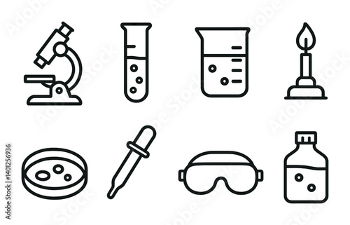Science equipment icons: microscope, test tubes, beaker, bunsen burner, petri dish, dropper, goggles, bottle.