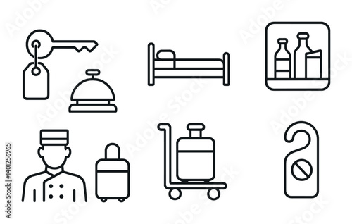 Hotel icons set featuring bellhop, key, bed, luggage, room service, and do not disturb sign.