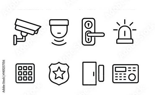 Security system icons collection featuring camera, alarm, lock, and access control elements.