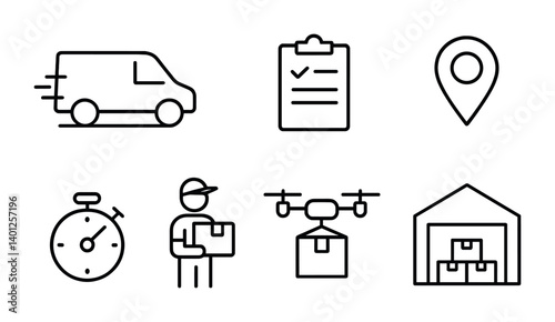 Delivery icons: van, checklist, location, stopwatch, courier, drone, warehouse.