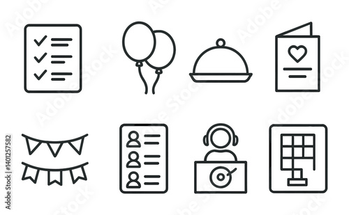 Event planning icons: checklists, balloons, food, cards, decorations, guests, dj, schedule.