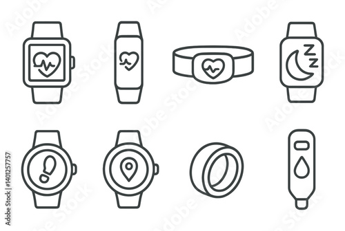 Collection of smartwatch and fitness tracker icons for health monitoring.