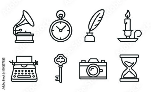 Vintage icon set featuring gramophone, pocket watch, quill, candle, typewriter, key, camera, hourglass.