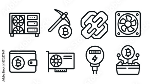 Cryptocurrency mining equipment icons: wallet, gpu, pickaxe, blockchain, fan, energy meter.