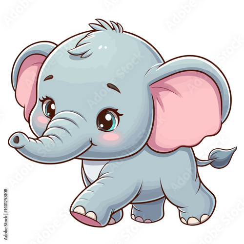 Charming cartoon illustration of a cute baby elephant with big, adorable eyes, large ears, and a playful expression, taking a step. Represents adorable animals, wildlife, and children's themes.