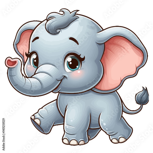 Charming cartoon illustration of a cute baby elephant with big, adorable eyes, large ears, and a playful expression, taking a step. Represents adorable animals, wildlife, and children's themes.