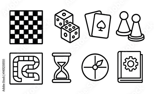 Board game icons: chessboard, dice, cards, hourglass, spinner, game pieces, manual.