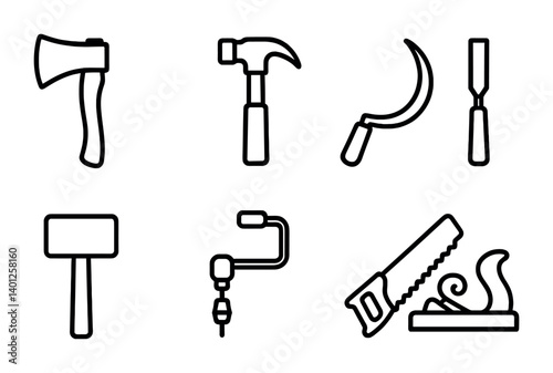 Outline icons of hand tools: axe, hammer, sickle, chisel, mallet, drill, saw, plane.