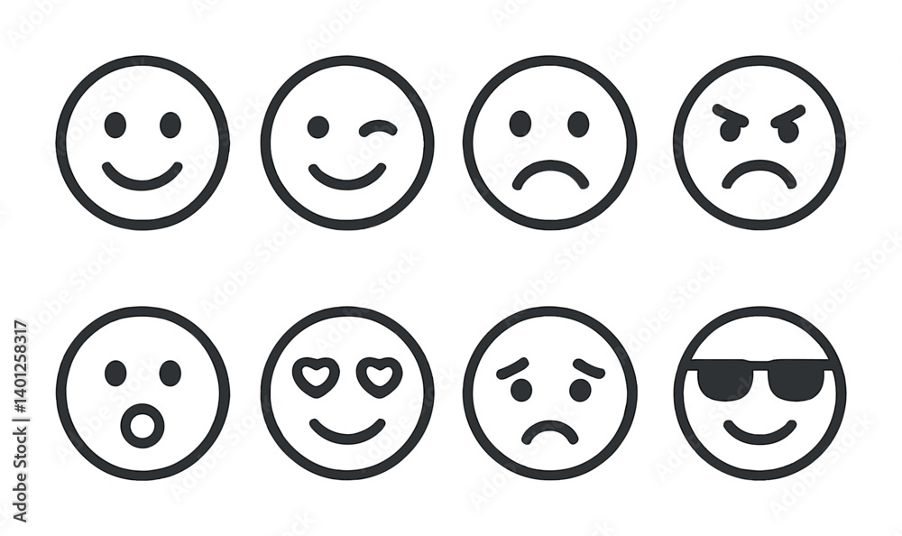 Set of eight minimalist emoji faces displaying various emotions. Set of eight minimalist emoji faces displaying various emotions.