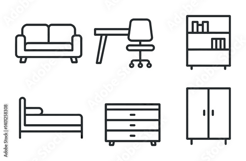 Minimalist furniture icons: sofa, desk, chair, bookshelf, bed, dresser, wardrobe.