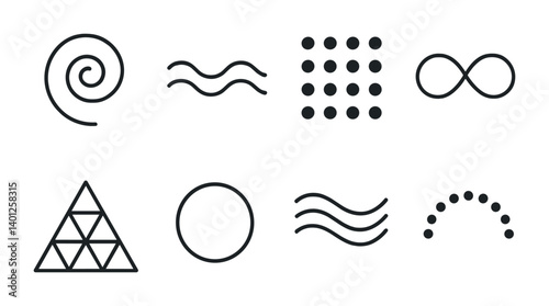 Minimalist icon set with geometric shapes and patterns.