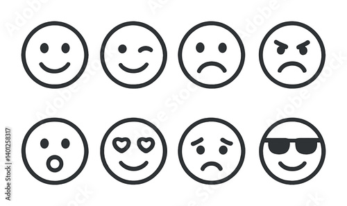 Set of eight minimalist emoji faces displaying various emotions.
