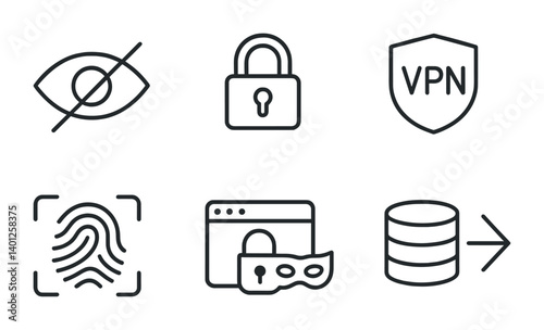 Cybersecurity icons: privacy, lock, vpn, fingerprint, secure browser, data transfer.
