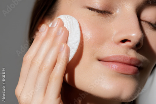 woman gently cleanses her face with cotton pad, showcasing skincare routine. Her skin appears smooth and radiant