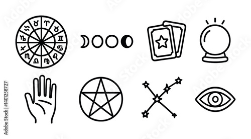 Astrology symbols: zodiac wheel, moon phases, tarot cards, crystal ball, hand, pentagram, constellation, eye.